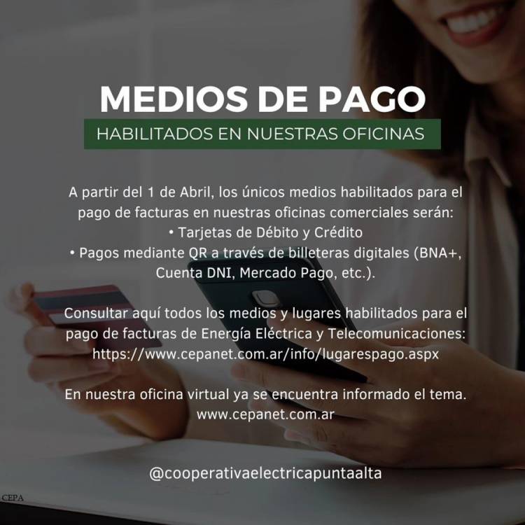 La Cooperativa Eléctrica informa los únicos medios de pago a partir del 1 de abril de 2024