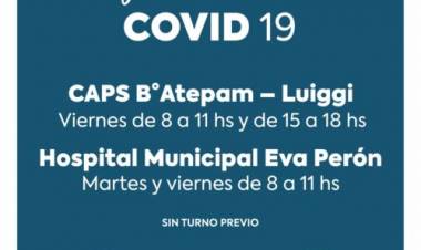 La vacunación contra Covid 19 continuará en CAPS B° Luiggi y en el Hospital Municipal Eva Perón