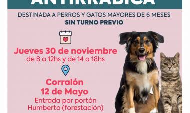 El jueves 30 de noviembre de 2023 se llevará a cabo una nueva campaña de vacunación antirrábica