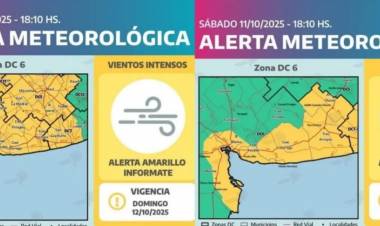 Alerta amarilla vigente para el domingo por lluvias y viento en Coronel Rosales y la zona