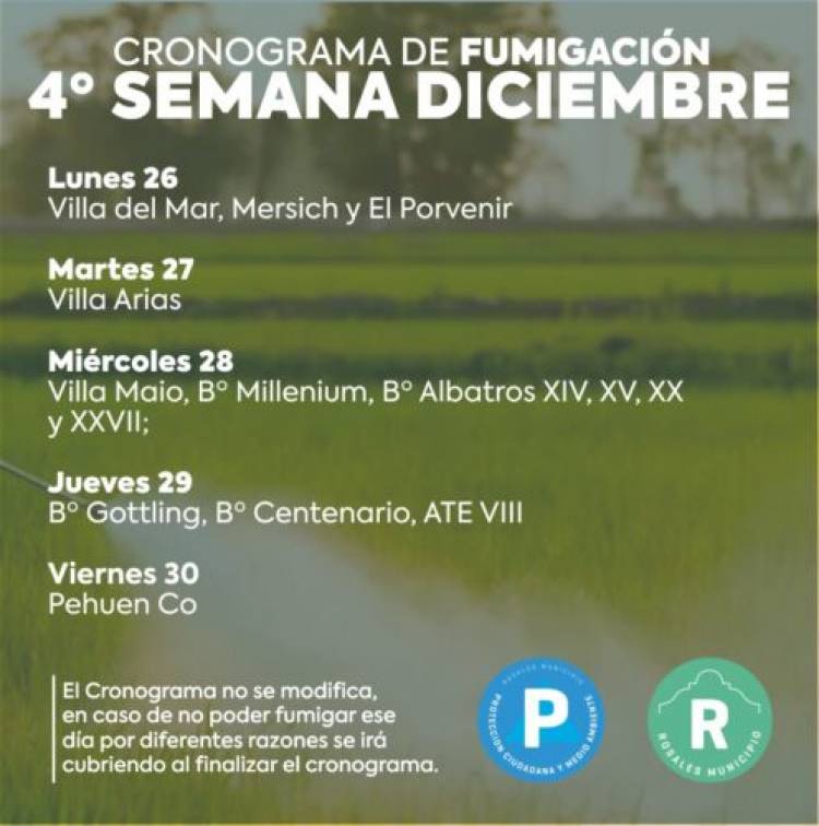 Así será el cronograma de fumigación en la última semana del año 2022