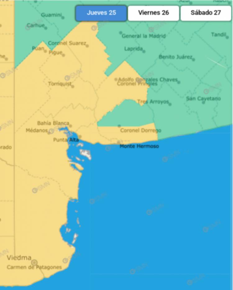 Se mantiene la doble alerta amarilla por vientos y lluvias para Coronel Rosales y la zona